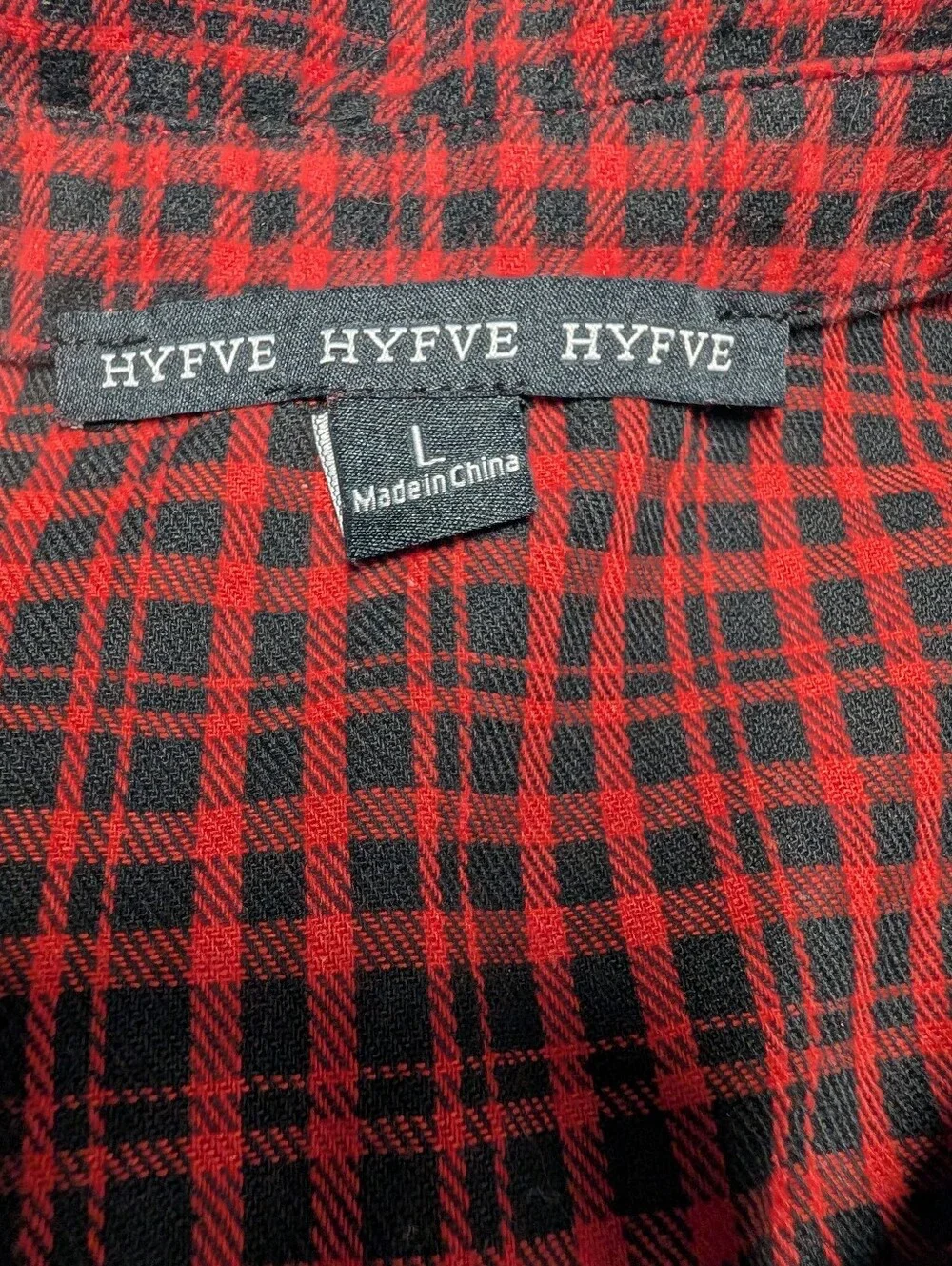 HYFVE Womens Red Black Plaid Collared Button-Up Fringe Cropped Shirt Sz L